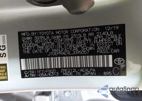 2020 Toyota Corolla Le from USA, damaged, VIN JTDEPRAE9LJ095057